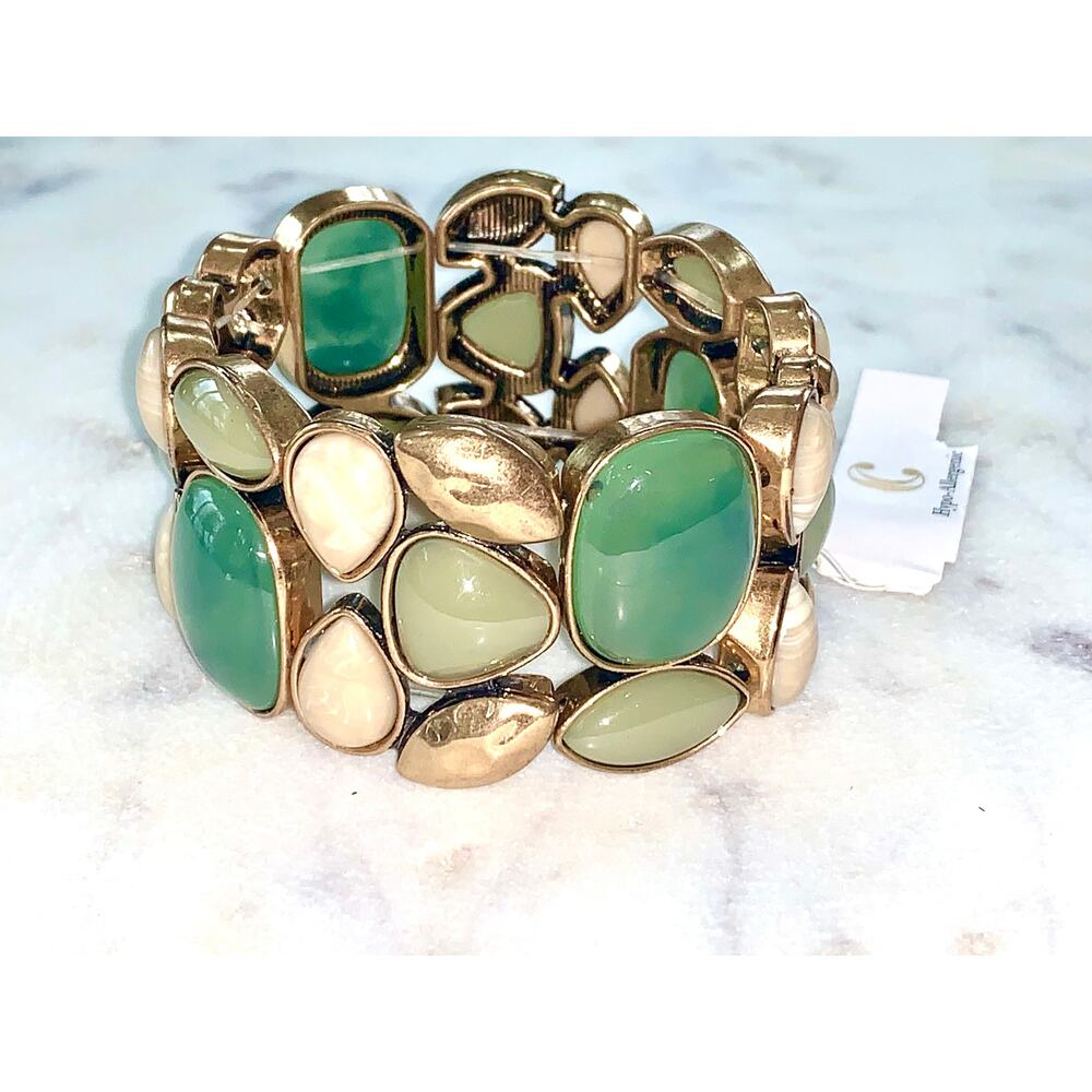 Charming Charlie Gold Tone Geometric Enamel Stone Olive Stretch Bracelet NWT